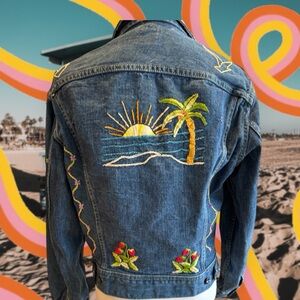 Vintage Lee Blue Denim Jacket with Handsewn Multicolor Floral Embroidery